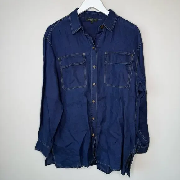 Lafayette 148 | Everson Linen Chambray Button Up Shirt Size Medium Dark Wash - Picture 2 of 9